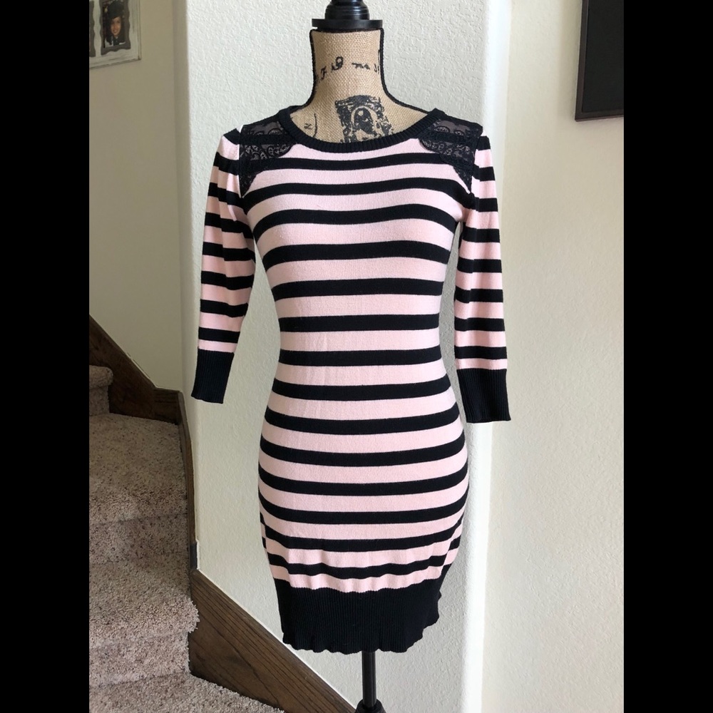 Long Sleeve Black and Pink Striped Sweater Dress